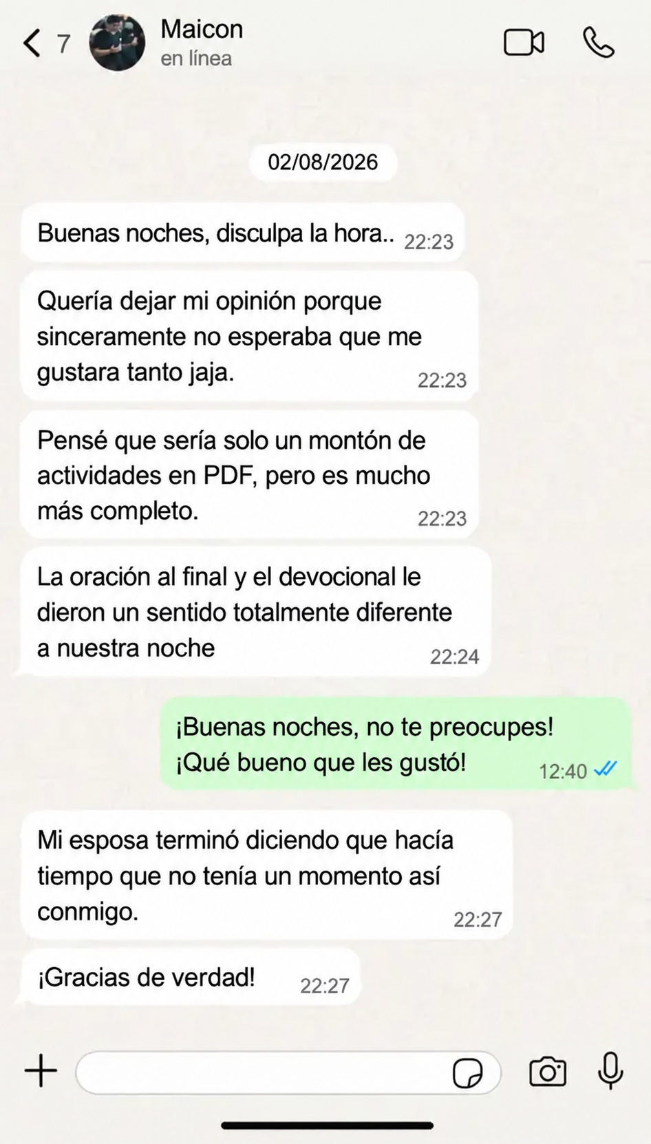 Testimonio de cliente en WhatsApp